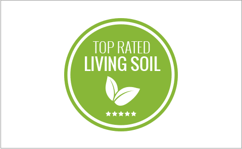 A green circle with the words top rated living soil in white.