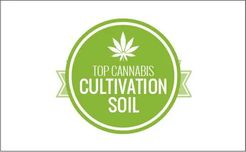 A green circle with the words top cannabis cultivation soil.